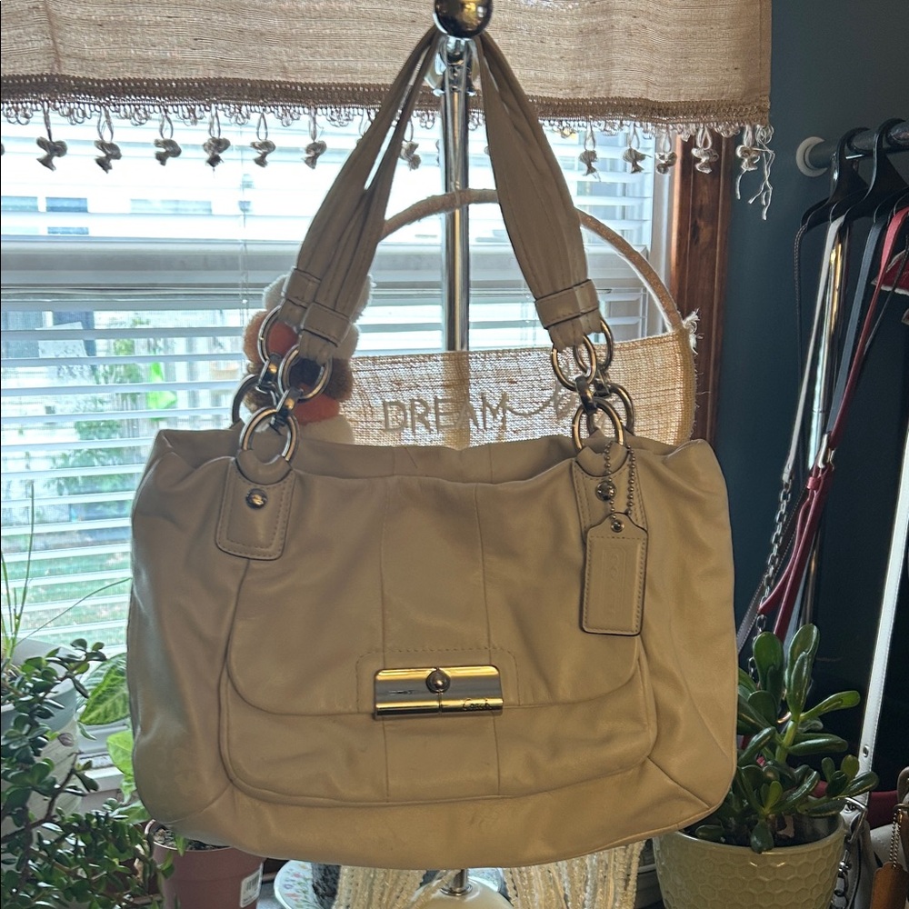 Coach Kristin Leather Zip Top Beige Shoulder Bag with Gold Accents